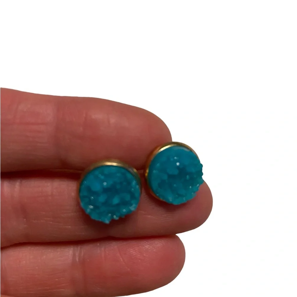 Blue Drusy Druzy Quartz Stud Pierced Earrings Gold tone halo Womens Jewelry
